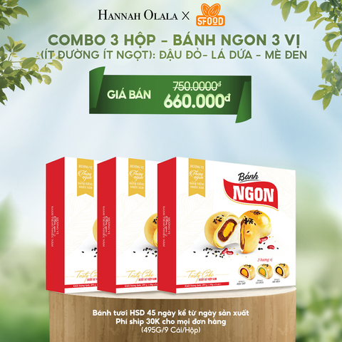  DEAL 2: COMBO 3 HỘP - BÁNH NGON 3 VỊ (ÍT ĐƯỜNG ÍT NGỌT): ĐẬU ĐỎ- LÁ DỨA - MÈ ĐEN 