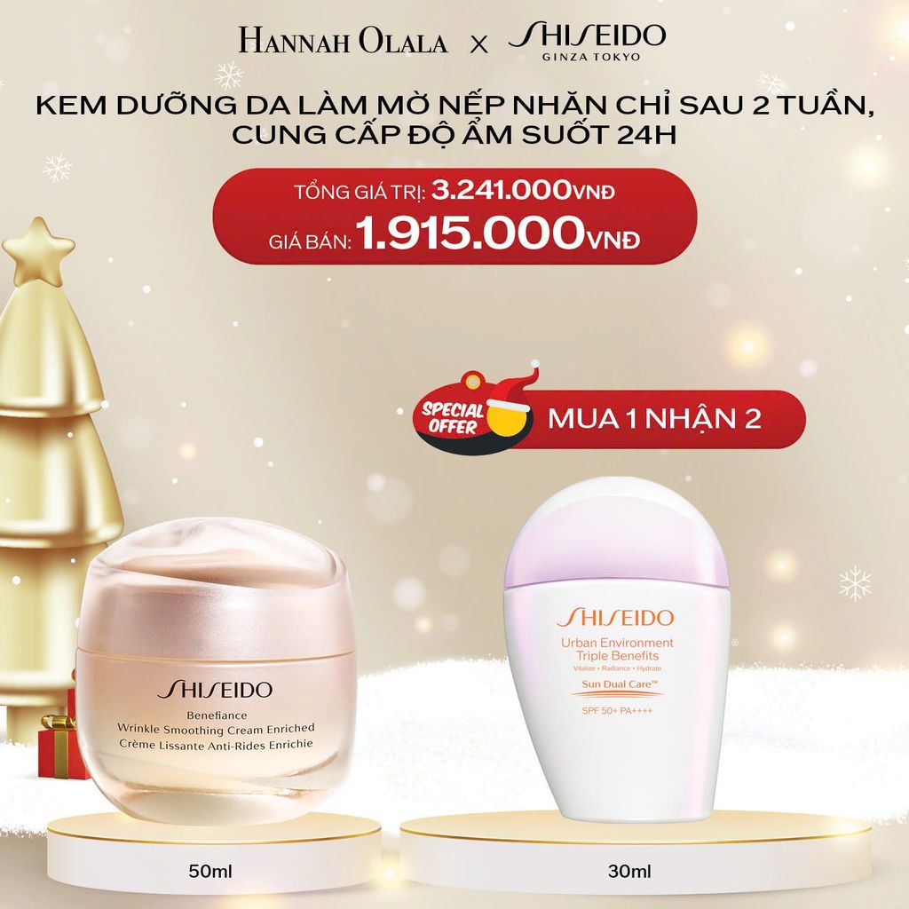  A2009_DEAL 12: COMBO KEM DƯỠNG DA CHỐNG LÃO HÓA GIÀU ẨM SHISEIDO BENEFIANCE WRINKLE SMOOTHING CREAM ENRICHED 50ML + Kem chống nắng dưỡng da Urban Environment Triple Beauty Suncare Emulsion SPF50+ 30ML 