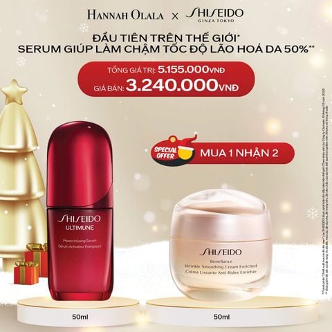  A2008_DEAL 11: COMBO TINH CHẤT DƯỠNG DA SHISEIDO ULTIMUNE POWER INFUSING 4.0 SERUM 50ML + KEM DƯỠNG DA CHỐNG LÃO HÓA GIÀU ẨM SHISEIDO BENEFIANCE WRINKLE SMOOTHING CREAM ENRICHED 50ML 