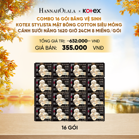  COMBO 16 GÓI BĂNG VỆ SINH KOTEX STYLISTA MẶT BÔNG COTTON SIÊU MỎNG CÁNH SƯỞI NĂNG 1620 GIỜ 24CM 8 MIẾNG/GÓI - E898 