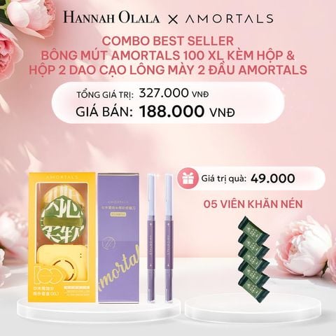  E475: DEAL 6: COMBO BEST SELLER BÔNG MÚT AMORTALS 100 XL KÈM HỘP & HỘP 2 DAO CẠO LÔNG MÀY 2 ĐẦU CHUYÊN DỤNG AMORTALS 