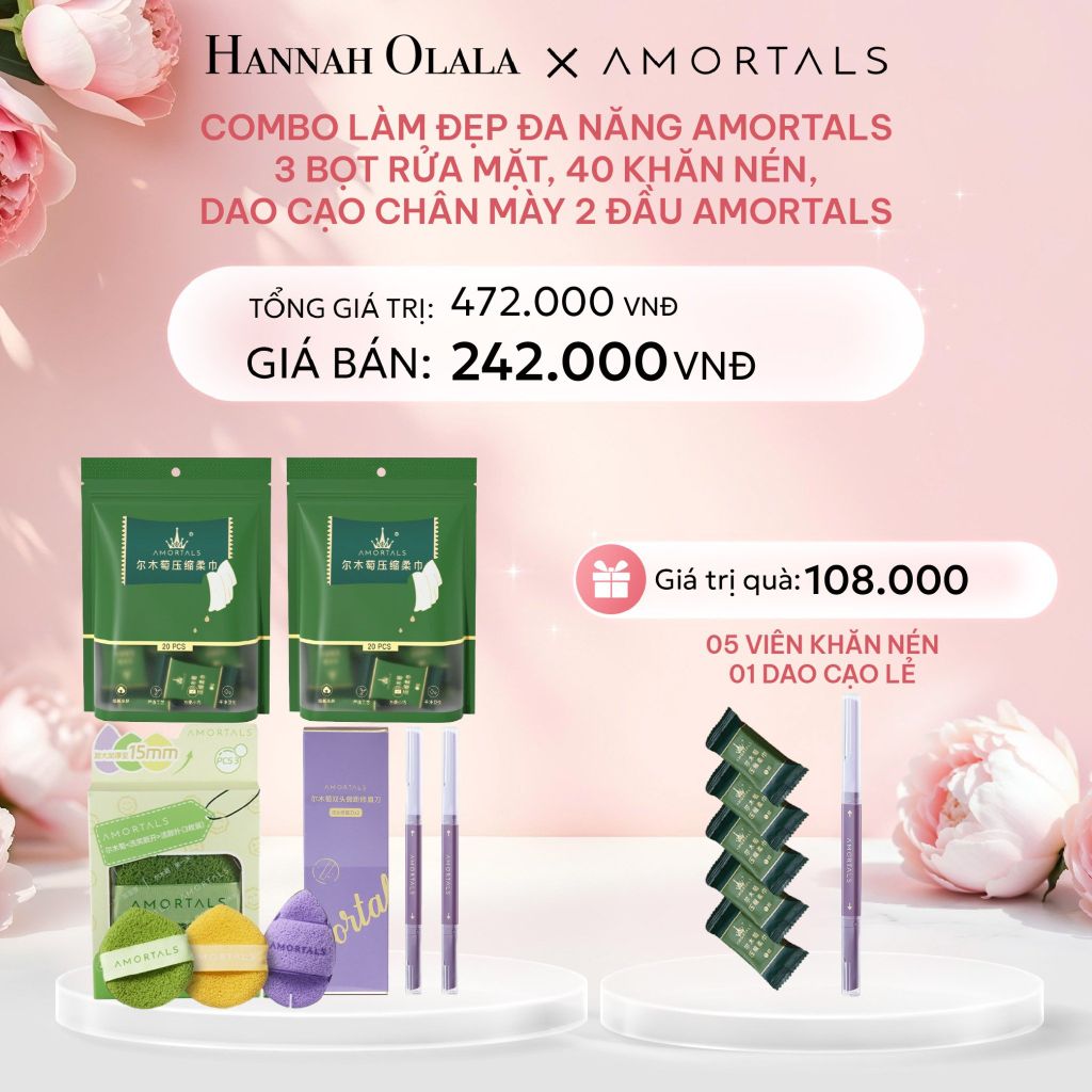  E470: DEAL 16: COMBO LÀM ĐẸP ĐA NĂNG AMORTALS - 3 BỌT RỬA MẶT, 40 KHĂN NÉN, DAO CAỌ CHÂN MÀY 2 ĐẦU AMORTALS 