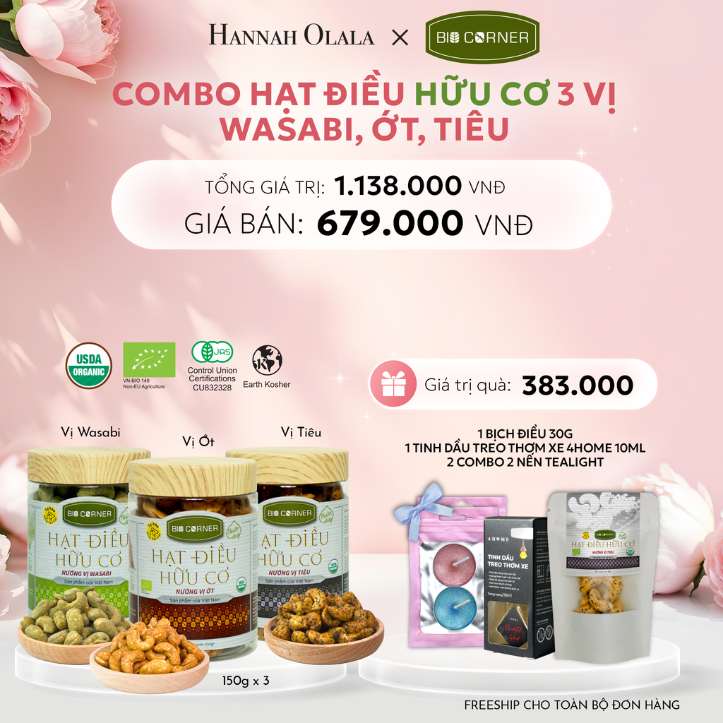  E137: DEAL 2: COMBO HẠT ĐIỀU HỮU CƠ 3 VỊ - WASABI, ỚT, TIÊU 