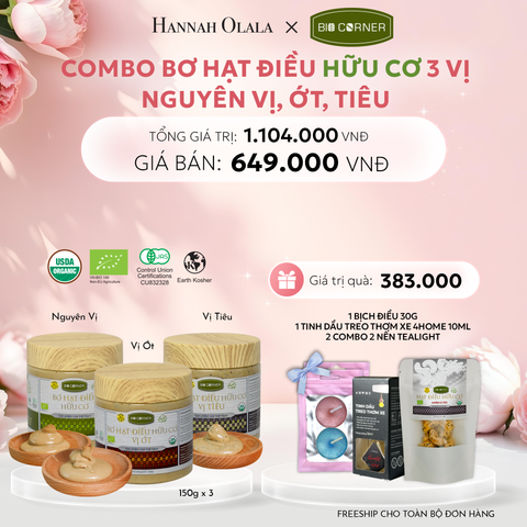  E138: DEAL 3:  COMBO BƠ HẠT ĐIỀU HỮU CƠ 3 VỊ - NGUYÊN VỊ, ỚT, TIÊU 