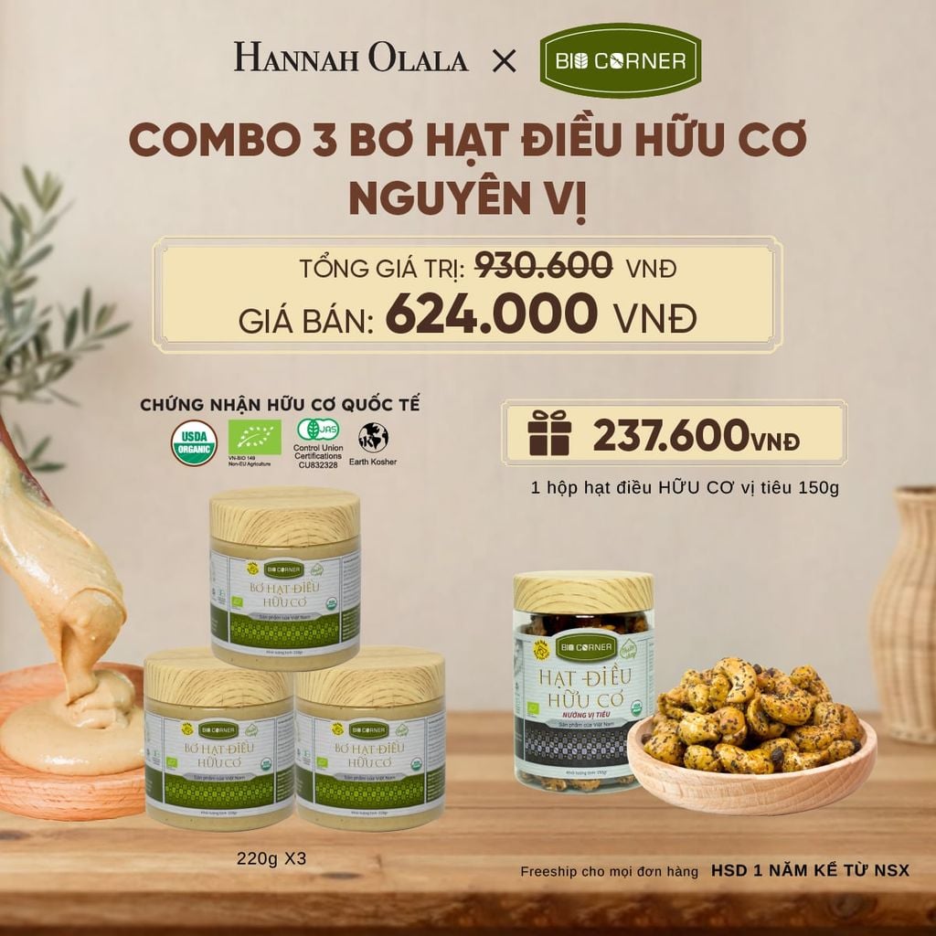  COMBO 3 BƠ HẠT ĐIỀU HỮU CƠ TẶNG 1 HỘP HẠT ĐIỀU VỊ TIÊU 150G - D314 