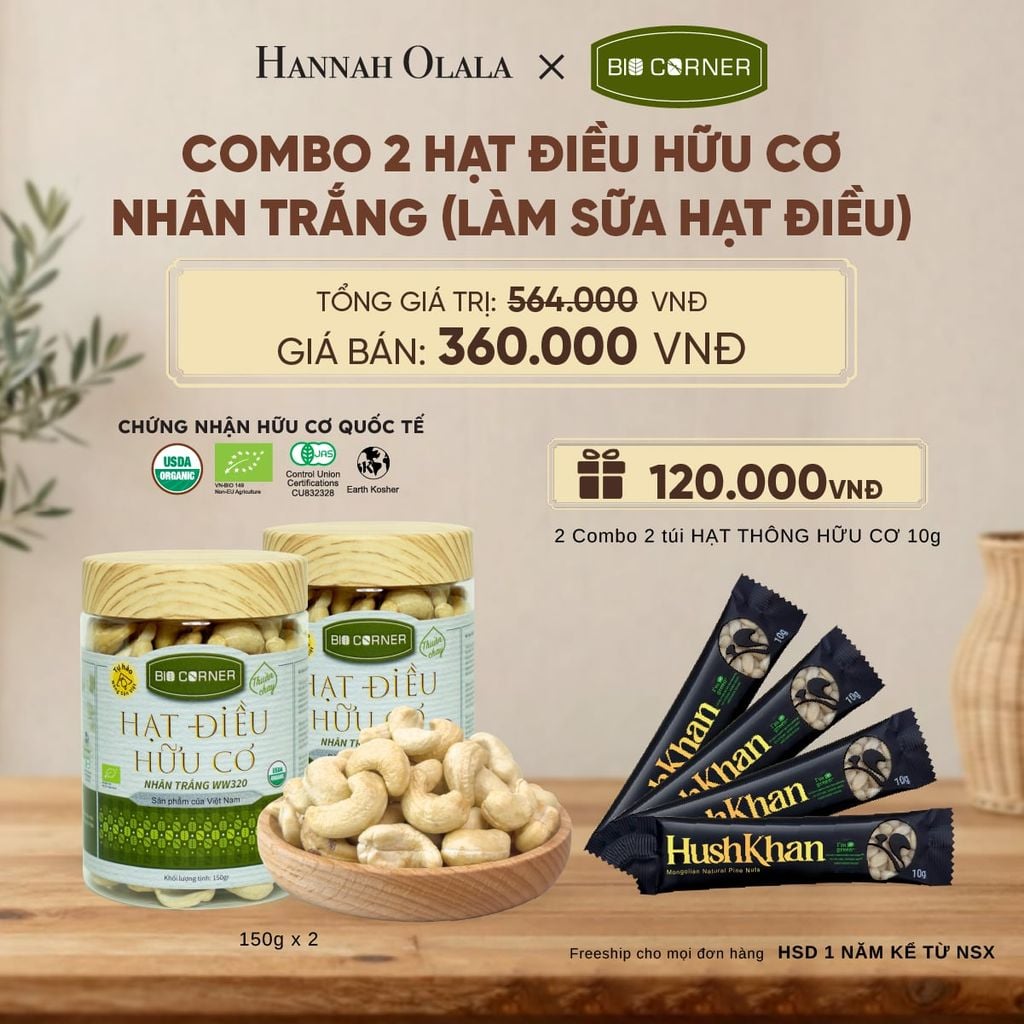  COMBO 2 HẠT ĐIỀU NHÂN TRẮNG (LÀM SỮA HẠT ĐIỀU) TẶNG 2 COMBO 2 TÚI HẠT THÔNG HỮU CƠ 10G - D309 