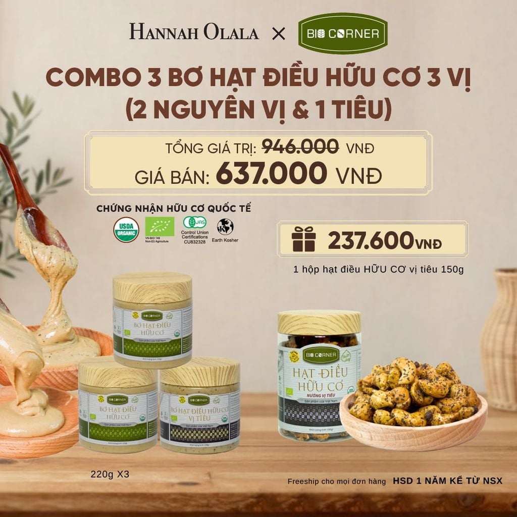  COMBO 3 BƠ HẠT ĐIỀU HỮU CƠ TẶNG 1 HỘP HẠT ĐIỀU VỊ TIÊU 150G - D314 