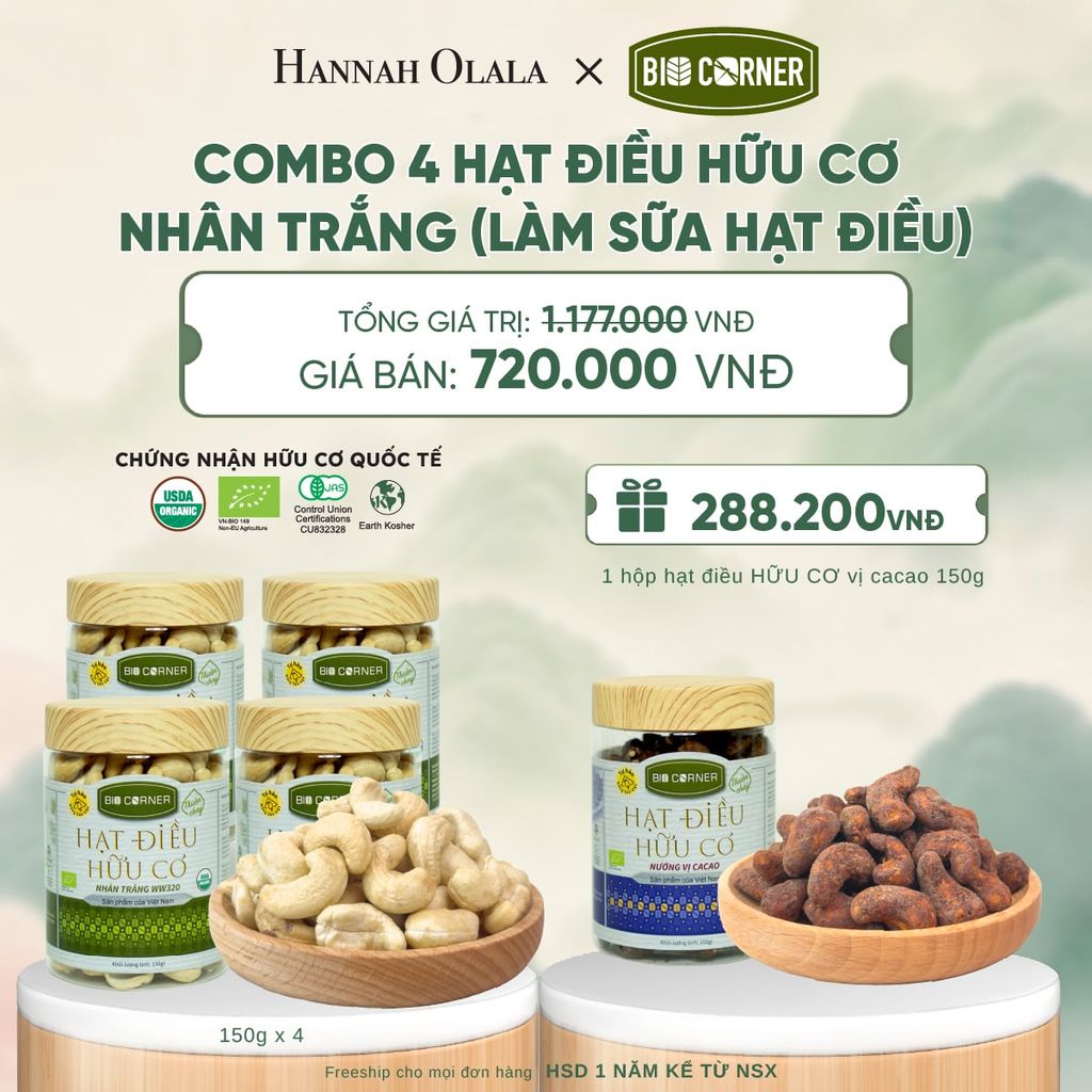  COMBO 4 HẠT ĐIỀU NHÂN TRẮNG (LÀM SỮA HẠT ĐIỀU) TẶNG 1 HỘP HẠT ĐIỀU VỊ CACAO 150G - A1347 