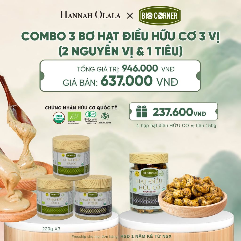  COMBO 3 BƠ HẠT ĐIỀU HỮU CƠ TẶNG 1 HỘP HẠT ĐIỀU VỊ TIÊU 150G - A1352 