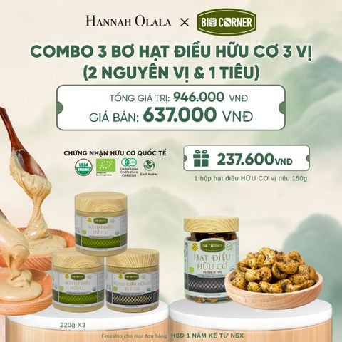  COMBO 3 BƠ HẠT ĐIỀU HỮU CƠ TẶNG 1 HỘP HẠT ĐIỀU VỊ TIÊU 150G - A1352 