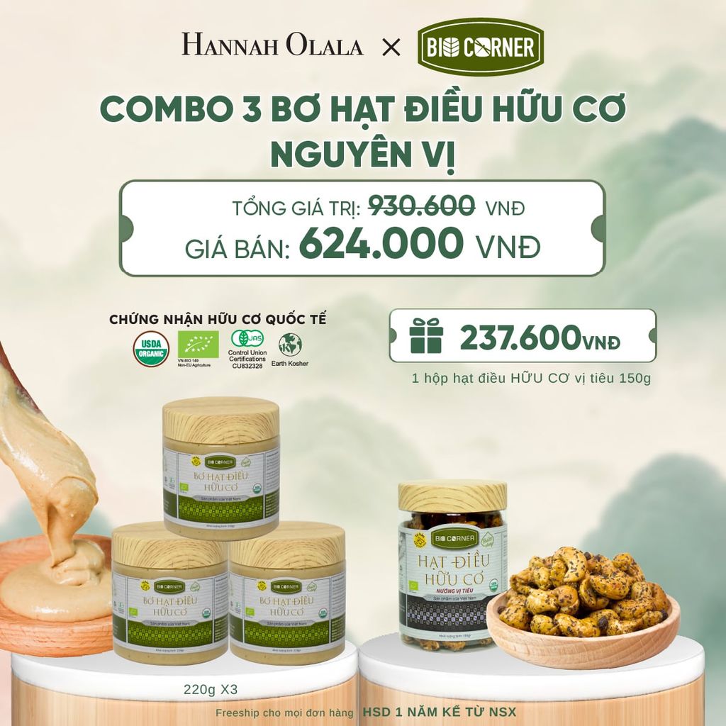  COMBO 3 BƠ HẠT ĐIỀU HỮU CƠ TẶNG 1 HỘP HẠT ĐIỀU VỊ TIÊU 150G - A1352 
