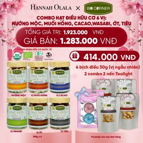  DEAL 1: COMBO HẠT ĐIỀU HỮU CƠ 6 VỊ - NƯỚNG MỘC, MUỐI HỒNG, CACAO, WASABI, ỚT, TIÊU 