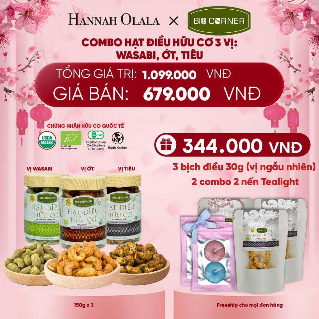  DEAL 2: COMBO HẠT ĐIỀU HỮU CƠ 3 VỊ - WASABI, ỚT, TIÊU 