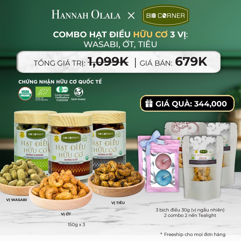  DEAL 2: COMBO HẠT ĐIỀU HỮU CƠ 3 VỊ - WASABI, ỚT, TIÊU 