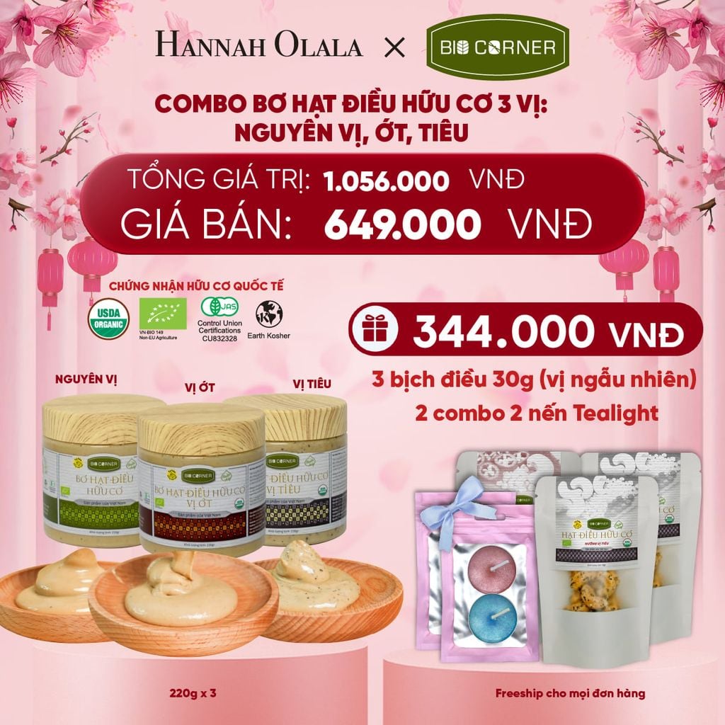  DEAL 3: COMBO BƠ HẠT ĐIỀU HỮU CƠ 3 VỊ - NGUYÊN VỊ, ỚT, TIÊU 
