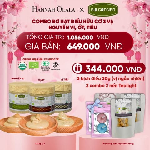  DEAL 3: COMBO BƠ HẠT ĐIỀU HỮU CƠ 3 VỊ - NGUYÊN VỊ, ỚT, TIÊU 