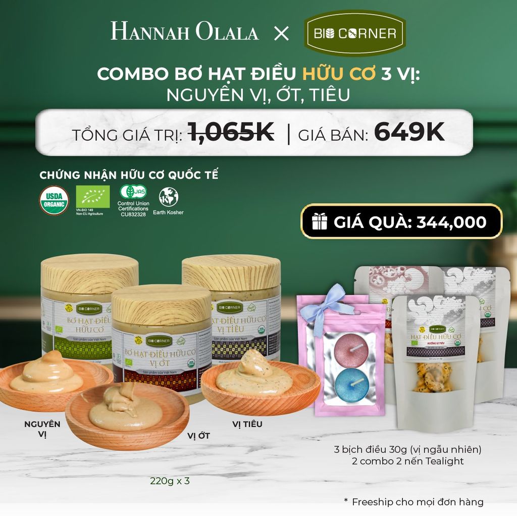  DEAL 3:  COMBO BƠ HẠT ĐIỀU HỮU CƠ 3 VỊ - NGUYÊN VỊ, ỚT, TIÊU 