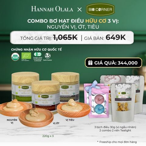  DEAL 3:  COMBO BƠ HẠT ĐIỀU HỮU CƠ 3 VỊ - NGUYÊN VỊ, ỚT, TIÊU 