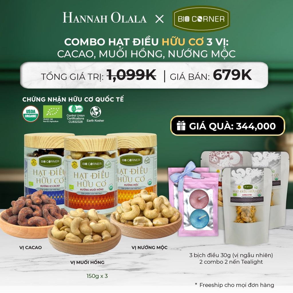  DEAL 4: COMBO HẠT ĐIỀU HỮU CƠ 3 VỊ CACAO, MUỐI HỒNG, NƯỚNG MỘC 