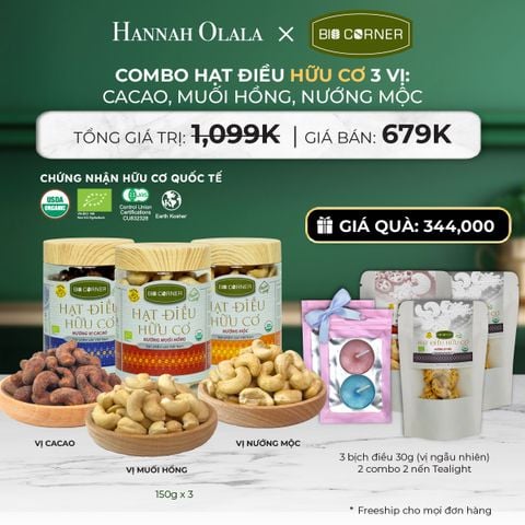 DEAL 4: COMBO HẠT ĐIỀU HỮU CƠ 3 VỊ CACAO, MUỐI HỒNG, NƯỚNG MỘC 