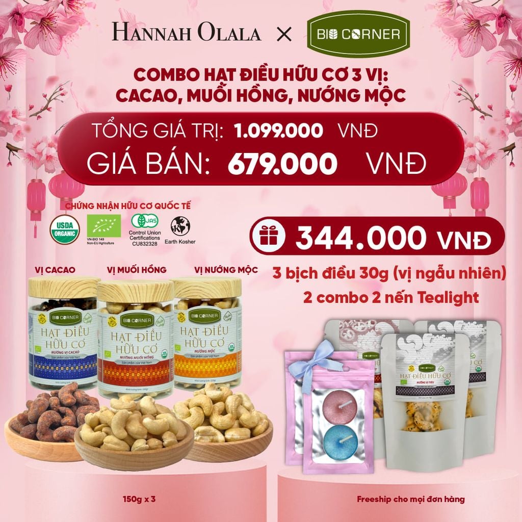  DEAL 4: COMBO HẠT ĐIỀU HỮU CƠ 3 VỊ CACAO, MUỐI HỒNG, NƯỚNG MỘC 