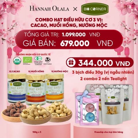  DEAL 4: COMBO HẠT ĐIỀU HỮU CƠ 3 VỊ CACAO, MUỐI HỒNG, NƯỚNG MỘC 