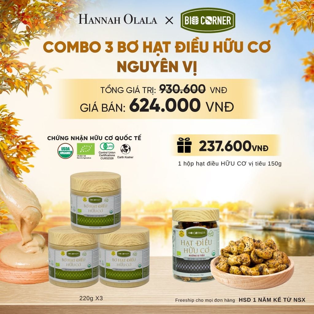  COMBO 3 BƠ HẠT ĐIỀU HỮU CƠ TẶNG 1 HỘP HẠT ĐIỀU VỊ TIÊU 150G - E1706 