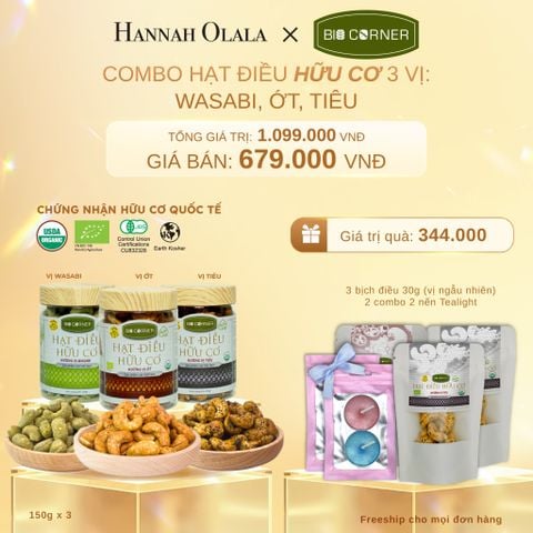  C398_DEAL 2: COMBO HẠT ĐIỀU HỮU CƠ 3 VỊ - WASABI, ỚT, TIÊU
TẶNG 3 BỊCH ĐIỀU 30G (VỊ NGẪU NHIÊN) TRỊ GIÁ 210,000Đ & 2 COMBO 2 NẾN TEALIGHT TRỊ GIÁ 134,000Đ 