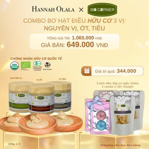  C399_DEAL 3: COMBO BƠ HẠT ĐIỀU HỮU CƠ 3 VỊ - NGUYÊN VỊ, ỚT, TIÊU 
TẶNG 3 BỊCH ĐIỀU 30G (VỊ NGẪU NHIÊN) TRỊ GIÁ 210,000Đ & 2 COMBO 2 NẾN TEALIGHT TRỊ GIÁ 134,000Đ 