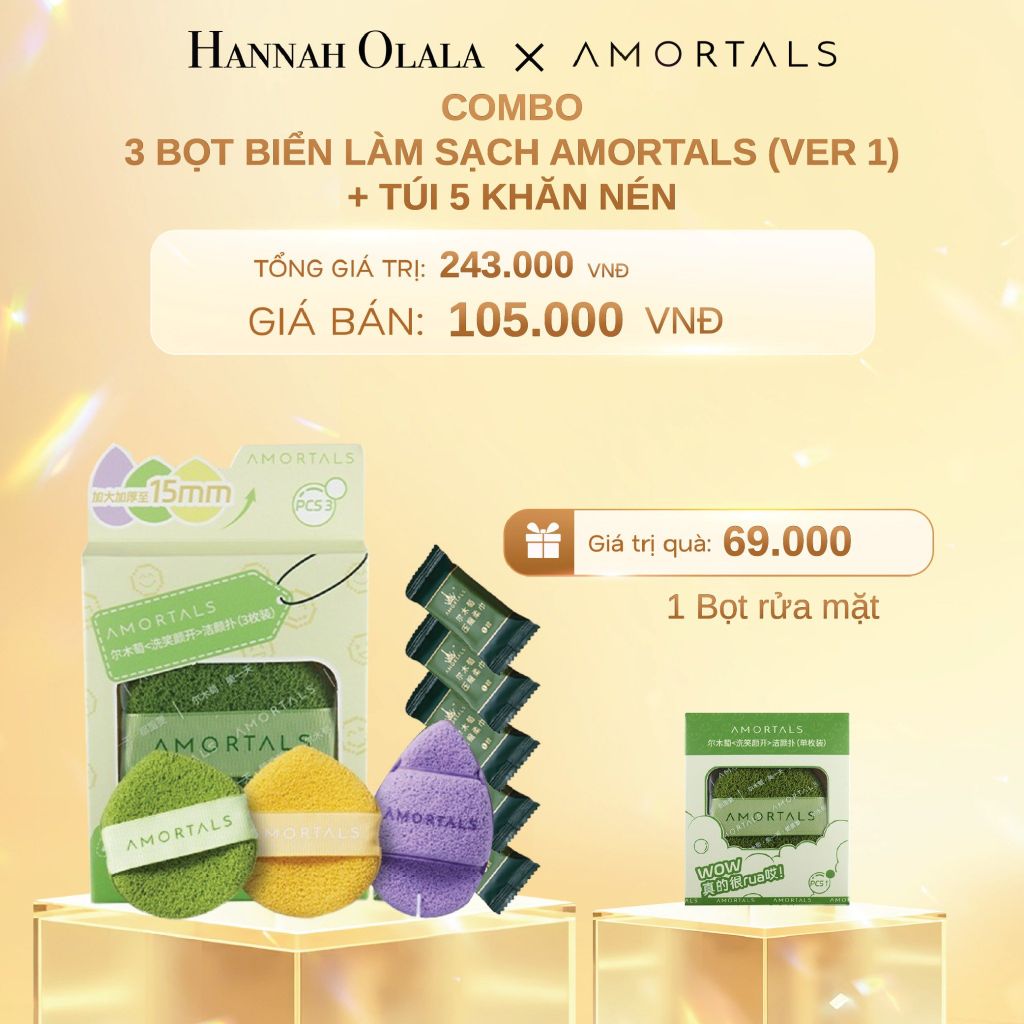  C798_DEAL 1: COMBO 3 BỌT BIỂN LÀM SẠCH AMORTALS (VER 1) + TÚI 5 KHĂN NÉN 