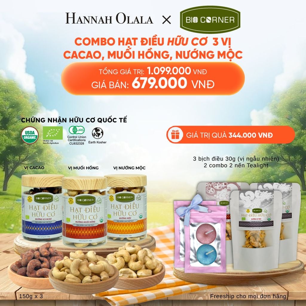  DEAL 4: COMBO HẠT ĐIỀU HỮU CƠ 3 VỊ CACAO, MUỐI HỒNG, NƯỚNG MỘC 