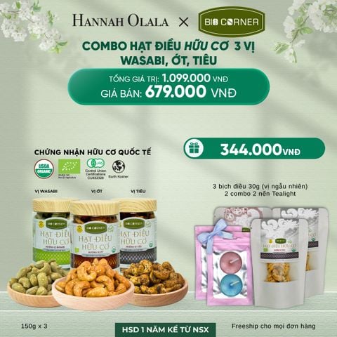  DEAL 2: COMBO HẠT ĐIỀU HỮU CƠ 3 VỊ - WASABI, ỚT, TIÊU 