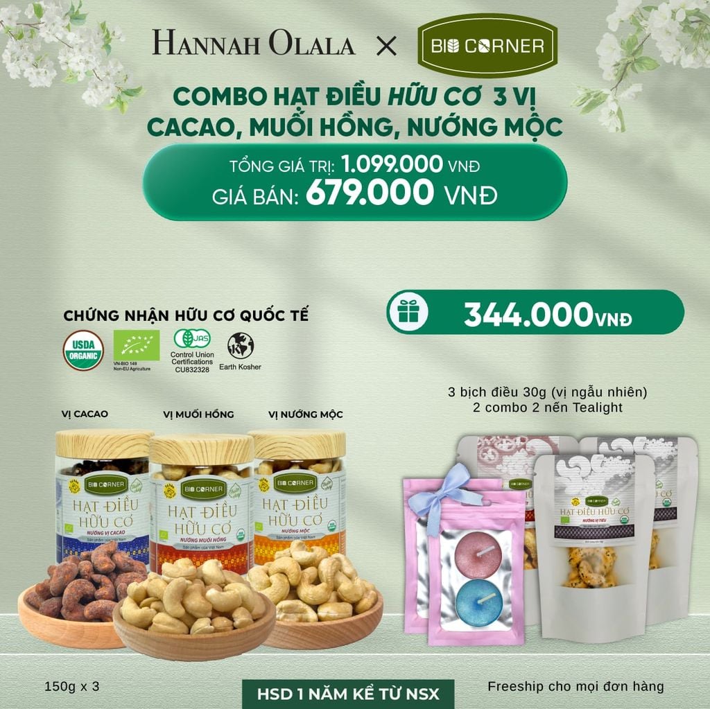  DEAL 4: COMBO HẠT ĐIỀU HỮU CƠ 3 VỊ CACAO, MUỐI HỒNG, NƯỚNG MỘC 