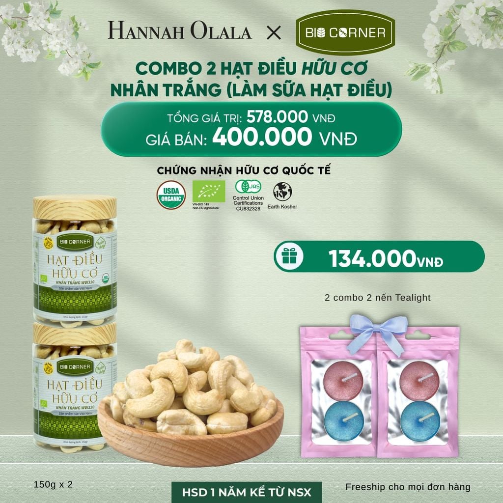  DEAL 8: COMBO 2 HẠT ĐIỀU HỮU CƠ NHÂN TRẮNG (LÀM SỮA HẠT ĐIỀU) (150G) 
