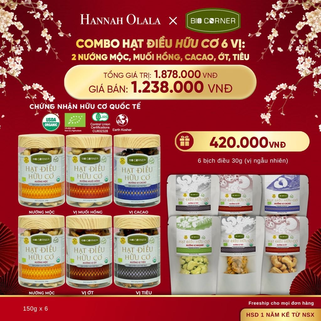  DEAL 1: COMBO HẠT ĐIỀU HỮU CƠ 6 VỊ - 2 NƯỚNG MỘC, MUỐI HỒNG, CACAO, ỚT, TIÊU 