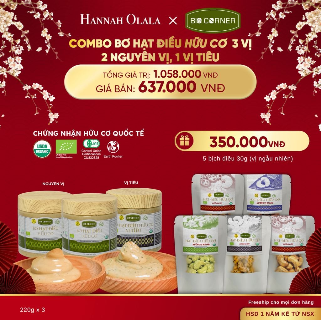  DEAL 3: COMBO BƠ HẠT ĐIỀU HỮU CƠ 3 VỊ - 2 NGUYÊN VỊ, TIÊU 