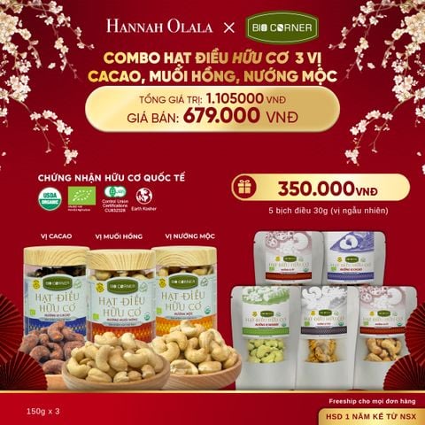  DEAL 4: COMBO HẠT ĐIỀU HỮU CƠ 3 VỊ CACAO, MUỐI HỒNG, NƯỚNG MỘC 
