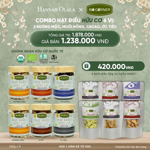  DEAL 1: COMBO HẠT ĐIỀU HỮU CƠ 6 VỊ  - 2 NƯỚNG MỘC, MUỐI HỒNG, CACAO, ỚT, TIÊU 
