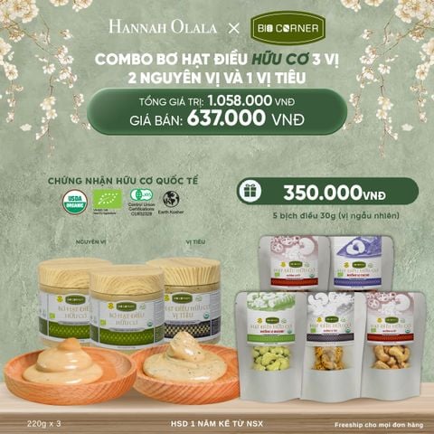  DEAL 3:  COMBO BƠ HẠT ĐIỀU HỮU CƠ 3 VỊ - 2 NGUYÊN VỊ, TIÊU 