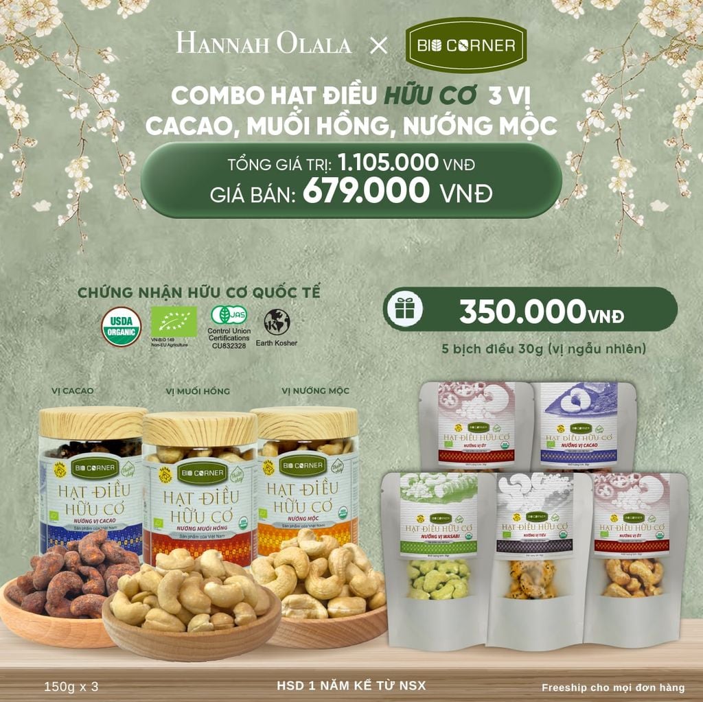  DEAL 4: COMBO HẠT ĐIỀU HỮU CƠ 3 VỊ CACAO, MUỐI HỒNG, NƯỚNG MỘC 