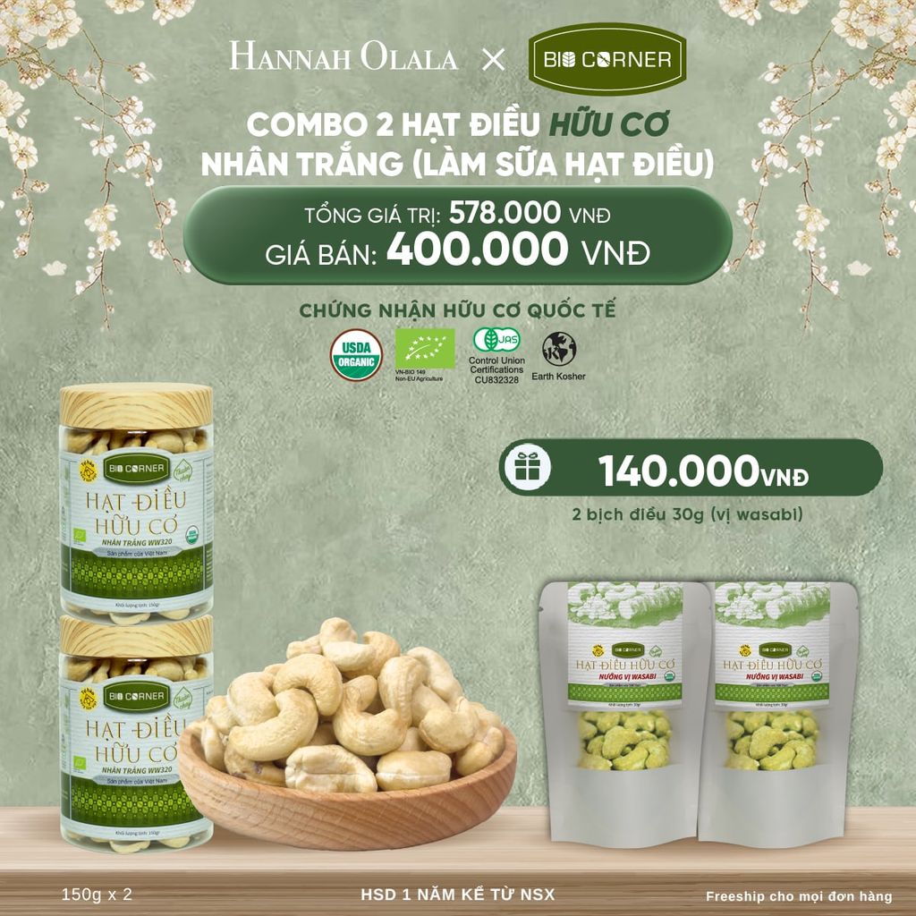  DEAL 8: COMBO 2 HẠT ĐIỀU HỮU CƠ NHÂN TRẮNG (LÀM SỮA HẠT ĐIỀU) (150G) 