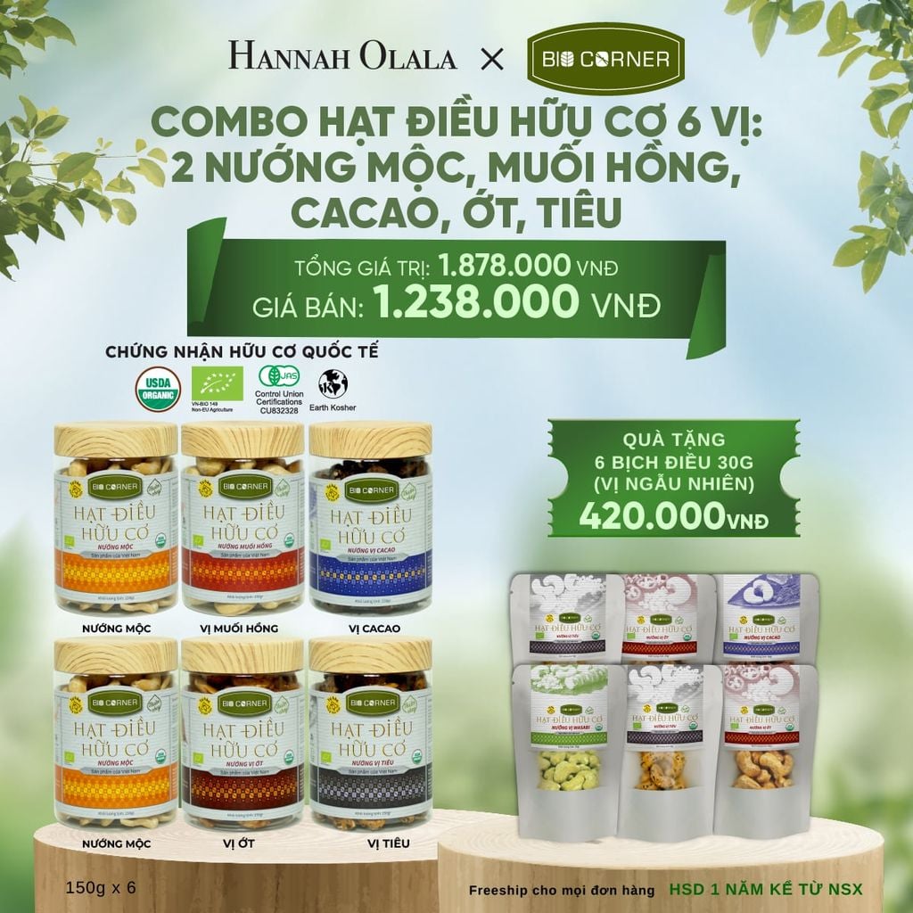  E149_DEAL 1: COMBO HẠT ĐIỀU HỮU CƠ 6 VỊ - 2 NƯỚNG MỘC, MUỐI HỒNG, CACAO, ỚT, TIÊU 