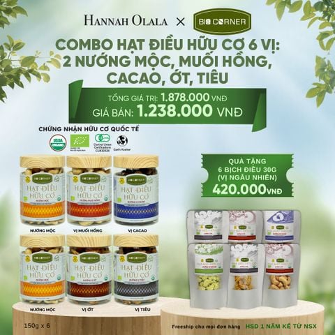  E149_DEAL 1: COMBO HẠT ĐIỀU HỮU CƠ 6 VỊ - 2 NƯỚNG MỘC, MUỐI HỒNG, CACAO, ỚT, TIÊU 