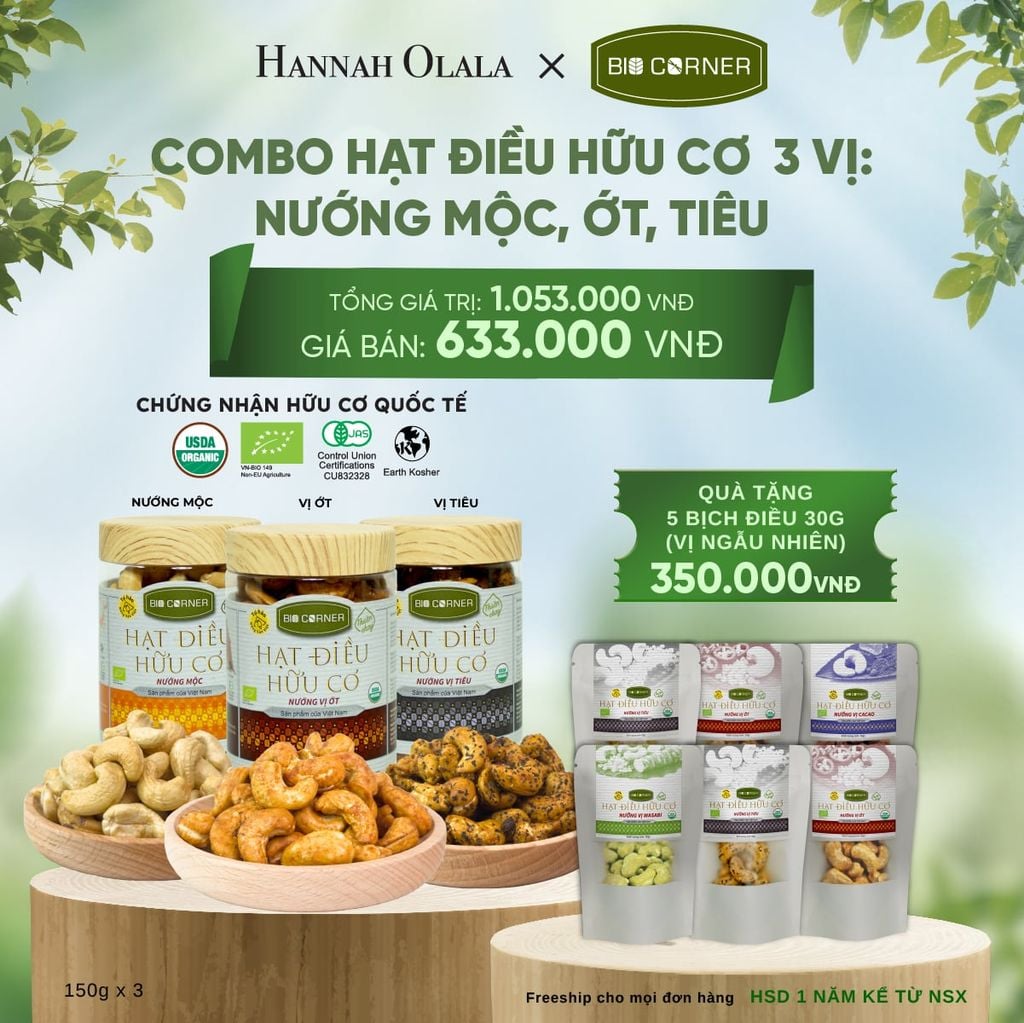  E153_DEAL 2: COMBO HẠT ĐIỀU HỮU CƠ 3 VỊ - NƯỚNG MỘC, ỚT, TIÊU 