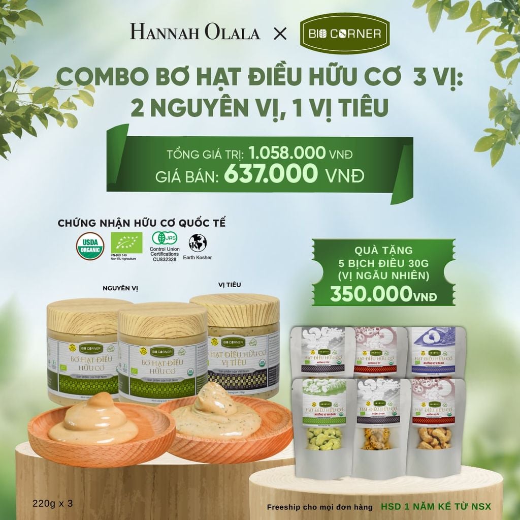  E154_DEAL 3: COMBO BƠ HẠT ĐIỀU HỮU CƠ 3 VỊ - 2 NGUYÊN VỊ, TIÊU 