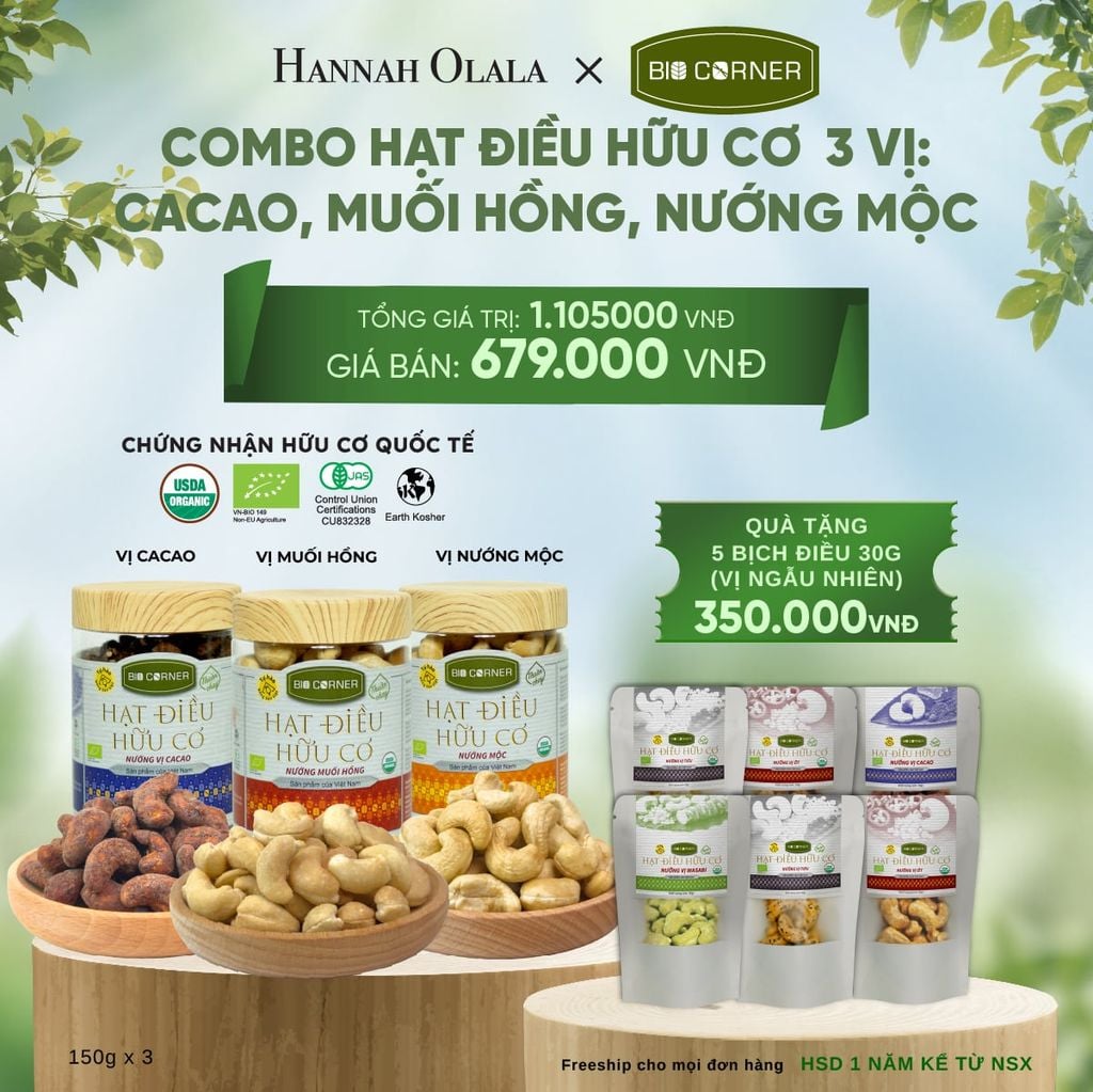  E155_DEAL 4: COMBO HẠT ĐIỀU HỮU CƠ 3 VỊ CACAO, MUỐI HỒNG, NƯỚNG MỘC 