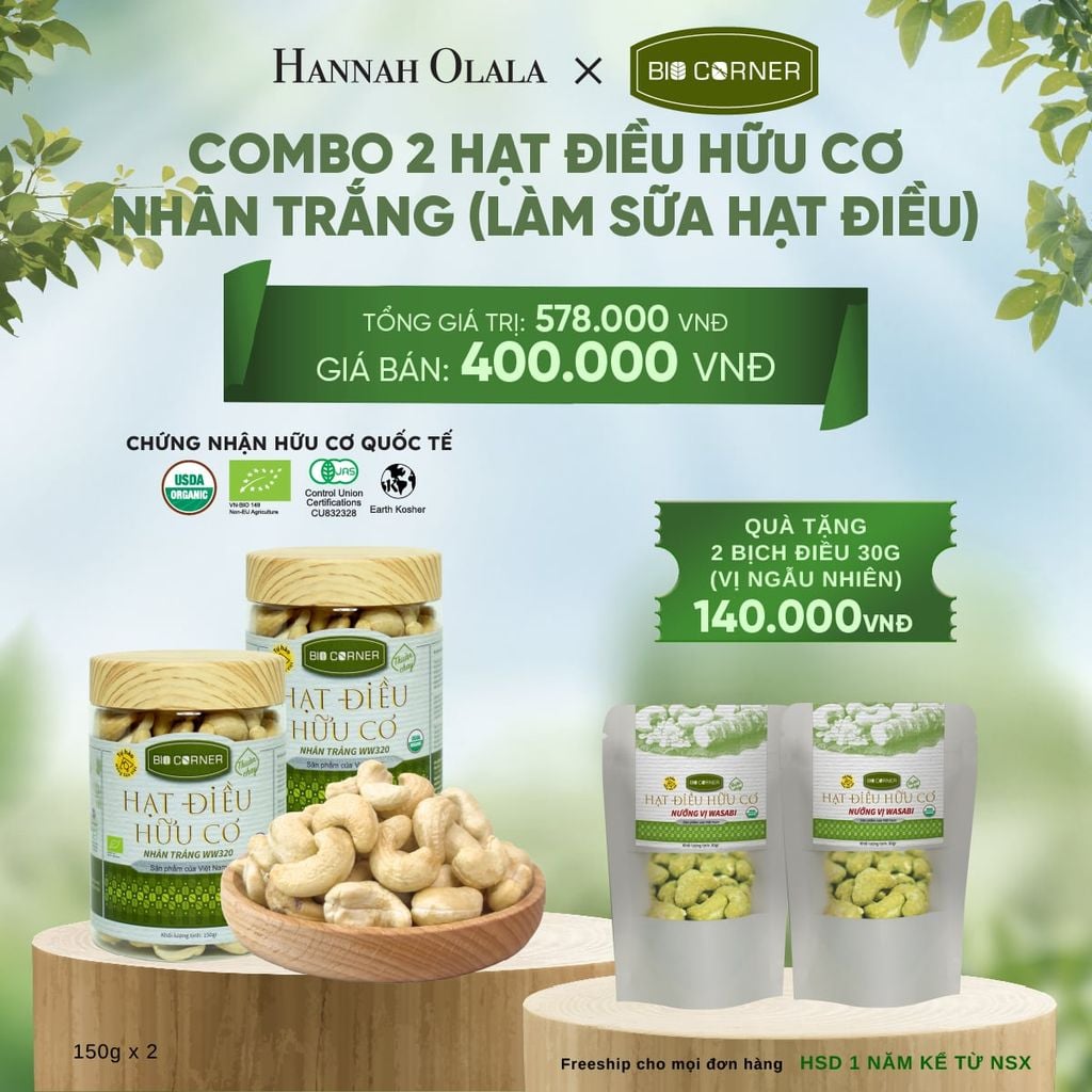  E159_DEAL 8: COMBO 2 HẠT ĐIỀU HỮU CƠ NHÂN TRẮNG (LÀM SỮA HẠT ĐIỀU) (150G) 