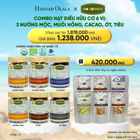 COMBO HẠT ĐIỀU HỮU CƠ 6 VỊ - 2 NƯỚNG MỘC, MUỐI HỒNG, CACAO, ỚT, TIÊU 