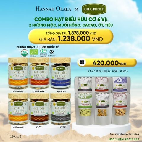  DEAL 1: COMBO HẠT ĐIỀU HỮU CƠ 6 VỊ - 2 NƯỚNG MỘC, MUỐI HỒNG, CACAO, ỚT, TIÊU 
