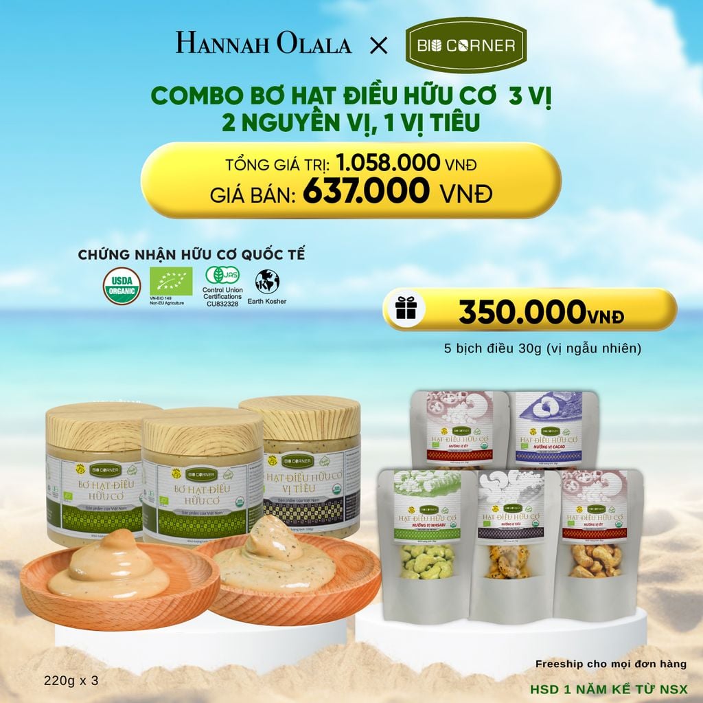  DEAL 3: COMBO BƠ HẠT ĐIỀU HỮU CƠ 3 VỊ - 2 NGUYÊN VỊ, TIÊU 